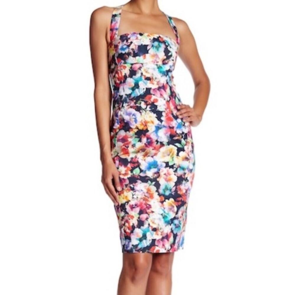 Black Halo Bryson Dress Women's Sze 2 Multicolor Floral Print Halter Mini Sheath